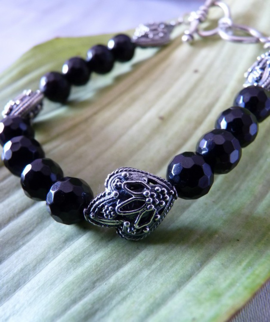 Facet cut black onyx beads and silver bracelet image 3